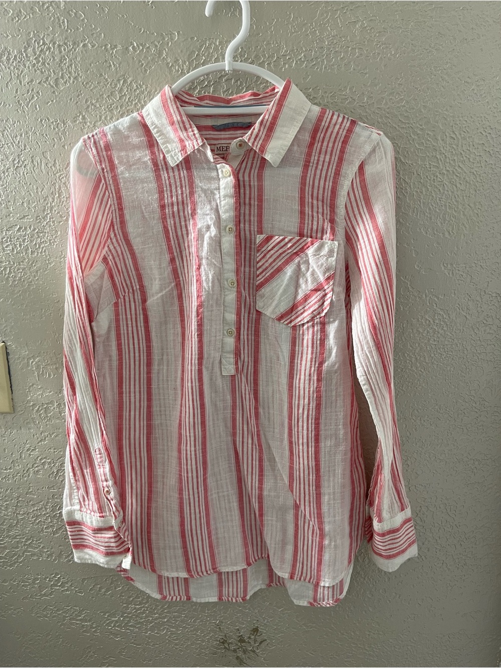 Merona Women’s Striped Button Pullover Shirt - White & Coral Pink Medium